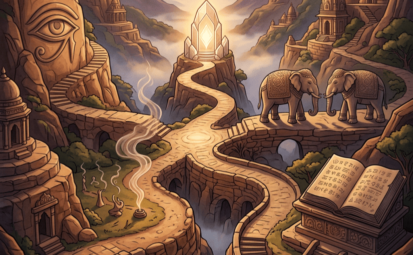 Fantasy mountain valley with temples, glowing crystal, elephant statues, and open book