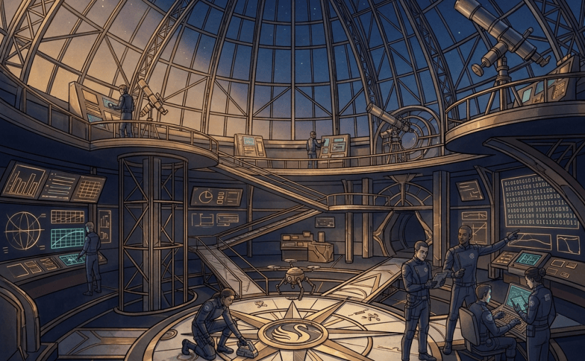 Futuristic observatory with telescopes, data consoles, and compass floor