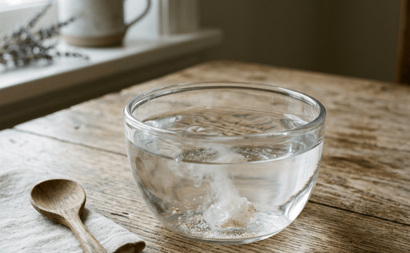 Salt crystal dissolving in a glass bowl
