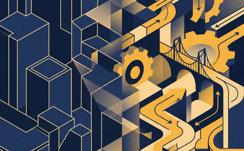 Abstract navy and gold illustration of pathways, gears, bridges, and arrows