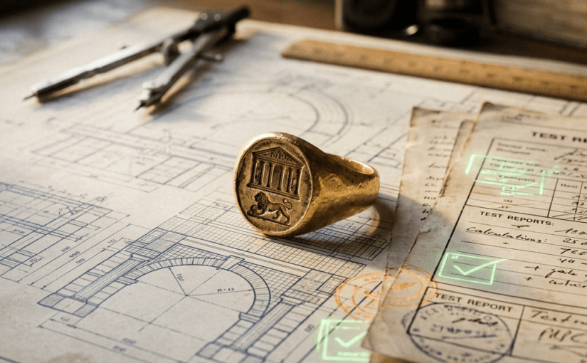 Gold signet ring resting on architectural blueprints and test reports