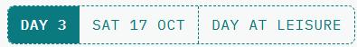 Graphic displaying 'DAY 3', 'SAT 17 OCT', and 'DAY AT LEISURE' in a modern typography style.